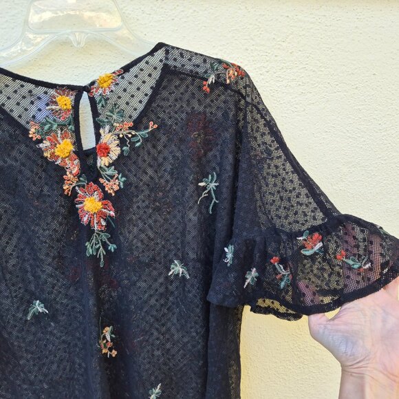 Anthro Maeve Floral Embroidered Black Mesh Sheer Blouse Top Romantic Whimsigoth - Picture 12 of 16